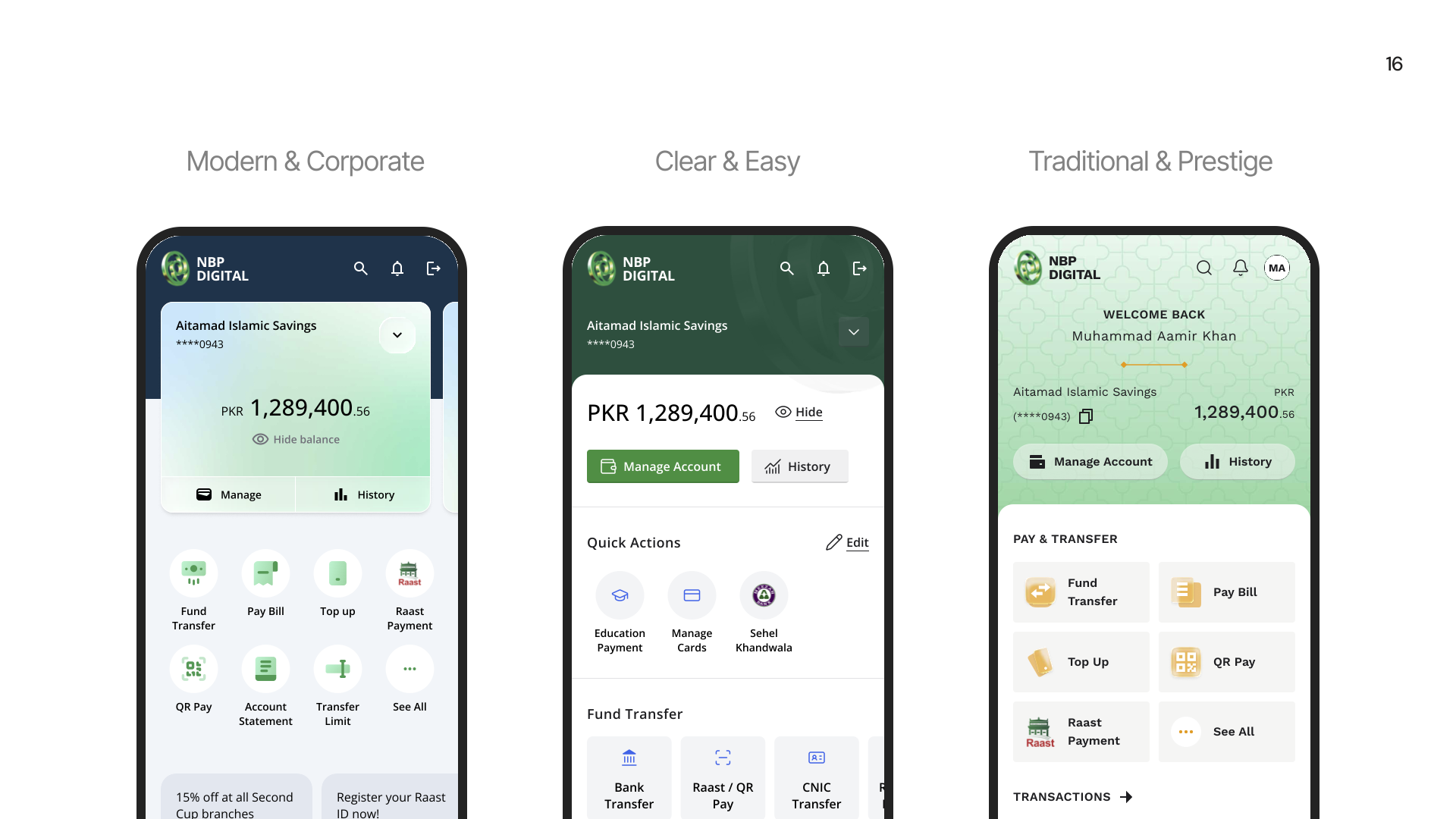 Three NBP Digital home-screen concepts: Modern and Corporate, Clear and Easy, and Traditional and Prestige