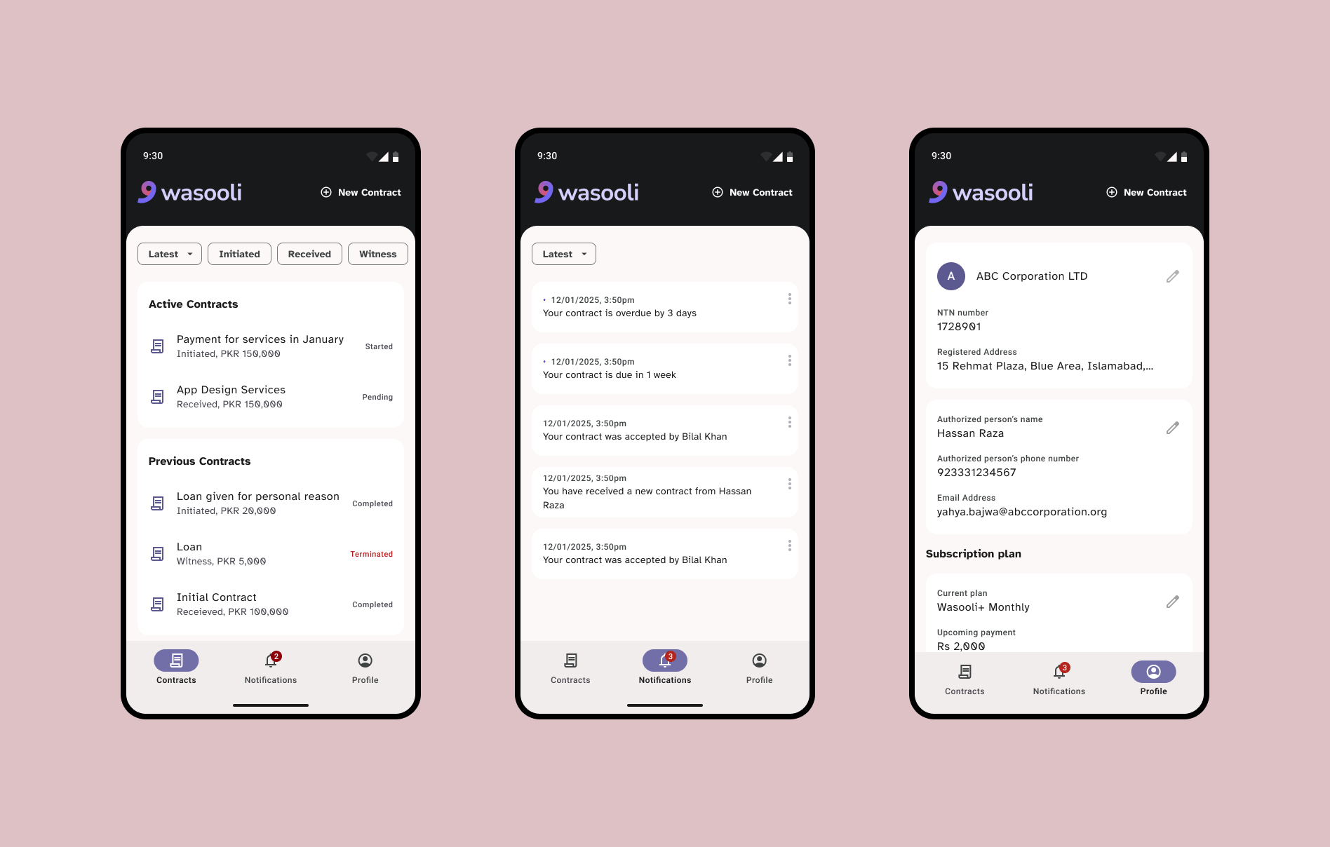 Samples for Home, Notifications and Settings